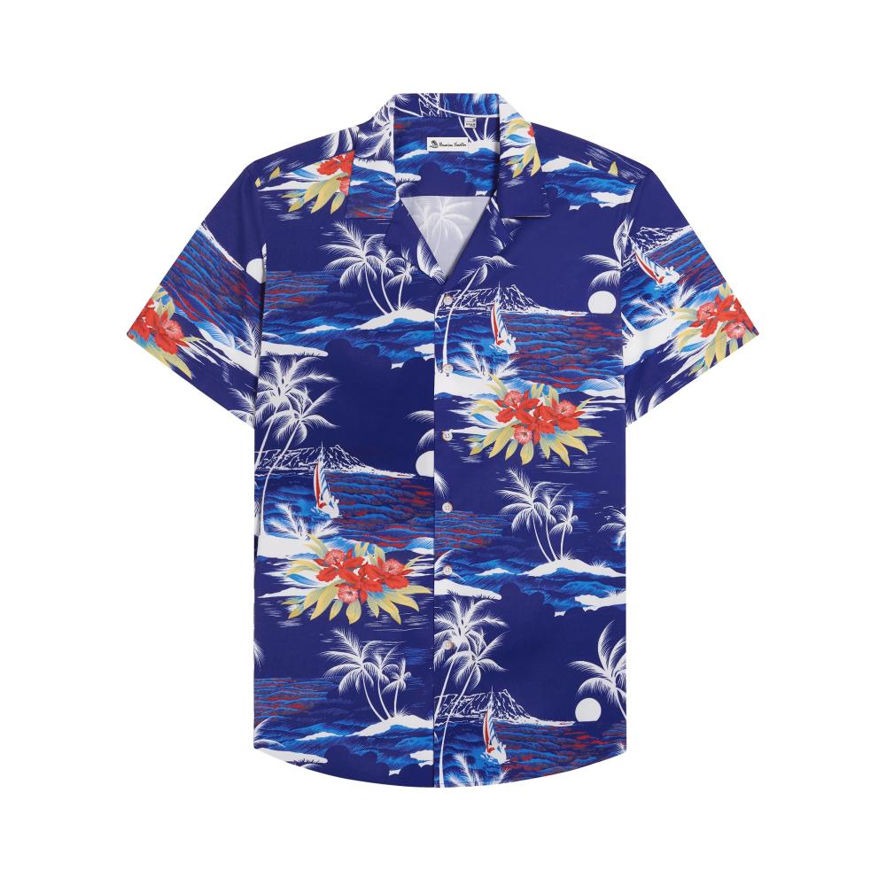 Hemden für Männer Hawaii Shirt Kurzarm in Blau Regular Fit Baumwolle für Sommer Strand & Urlaub - Aloha Style XL