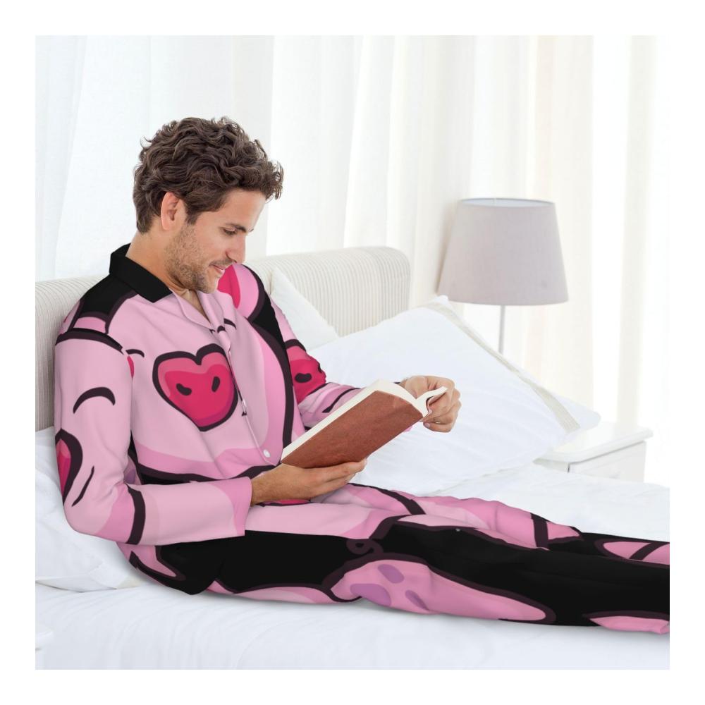 Gemütlicher Schlafanzug für Herren Modisches Langarm-Pyjama-Set mit niedlichem Pink Pig-Druck für erholsame Nächte