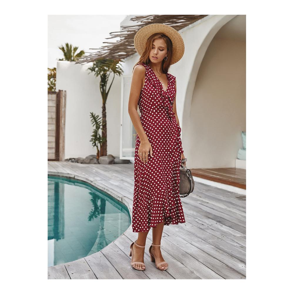 Entdecke den Sommer Damen Freizeit Maxikleid mit Polka Dots Rüschen Volants und V-Ausschnitt. Ärmellos und perfekt für den Strand! Schlitz und Gürtel inklusive. Größen S-XL