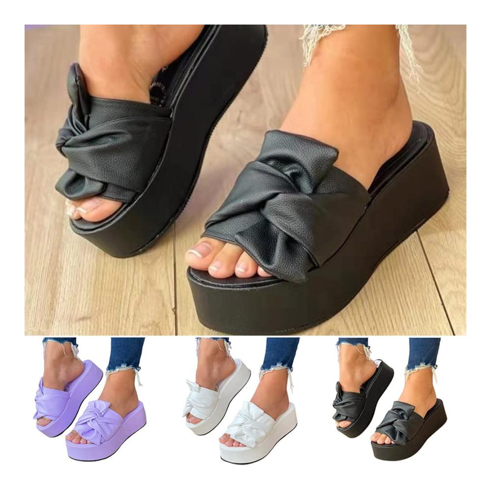 Damen Plateau Sandalen Bequeme Flats mit Schleifen-Design Trendige PU Sommerschuhe mit Flachabsatz Ideal für den Sommer und den Alltag