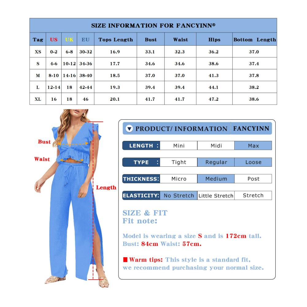 Eleganter Jumpsuit Damen Zweiteiler Crop Top sexy V-Ausschnitt Hose mit Schlitz Kordelzug. Perfekt für Sommer Strand Urlaub & lässige Outfits. Königsblau XS