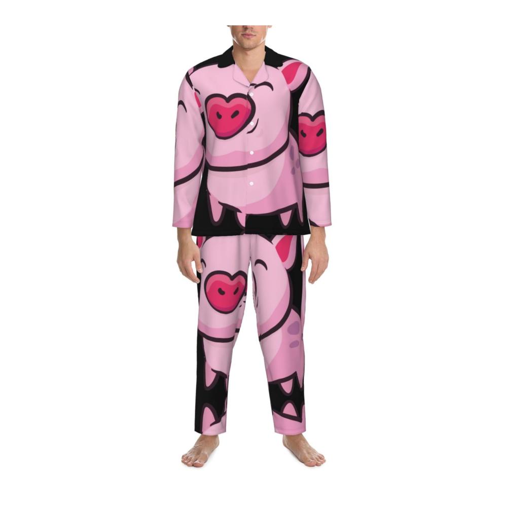 Gemütlicher Schlafanzug für Herren Modisches Langarm-Pyjama-Set mit niedlichem Pink Pig-Druck für erholsame Nächte