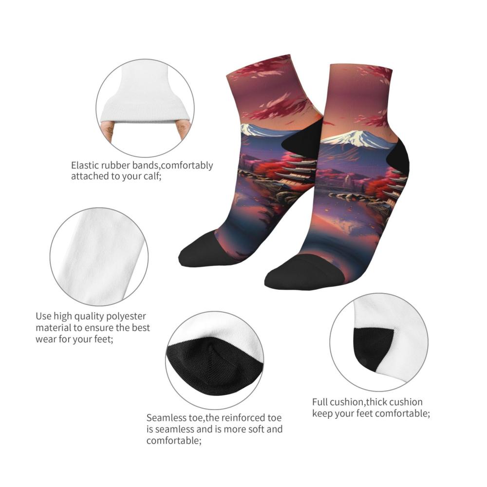 Stilvolle Knöchelsocken mit Japanischem Fuji-Landschaftsmotiv für Damen und Herren | Bequeme Erwachsenensocken mit modischen Mustern | Einheitsgröße