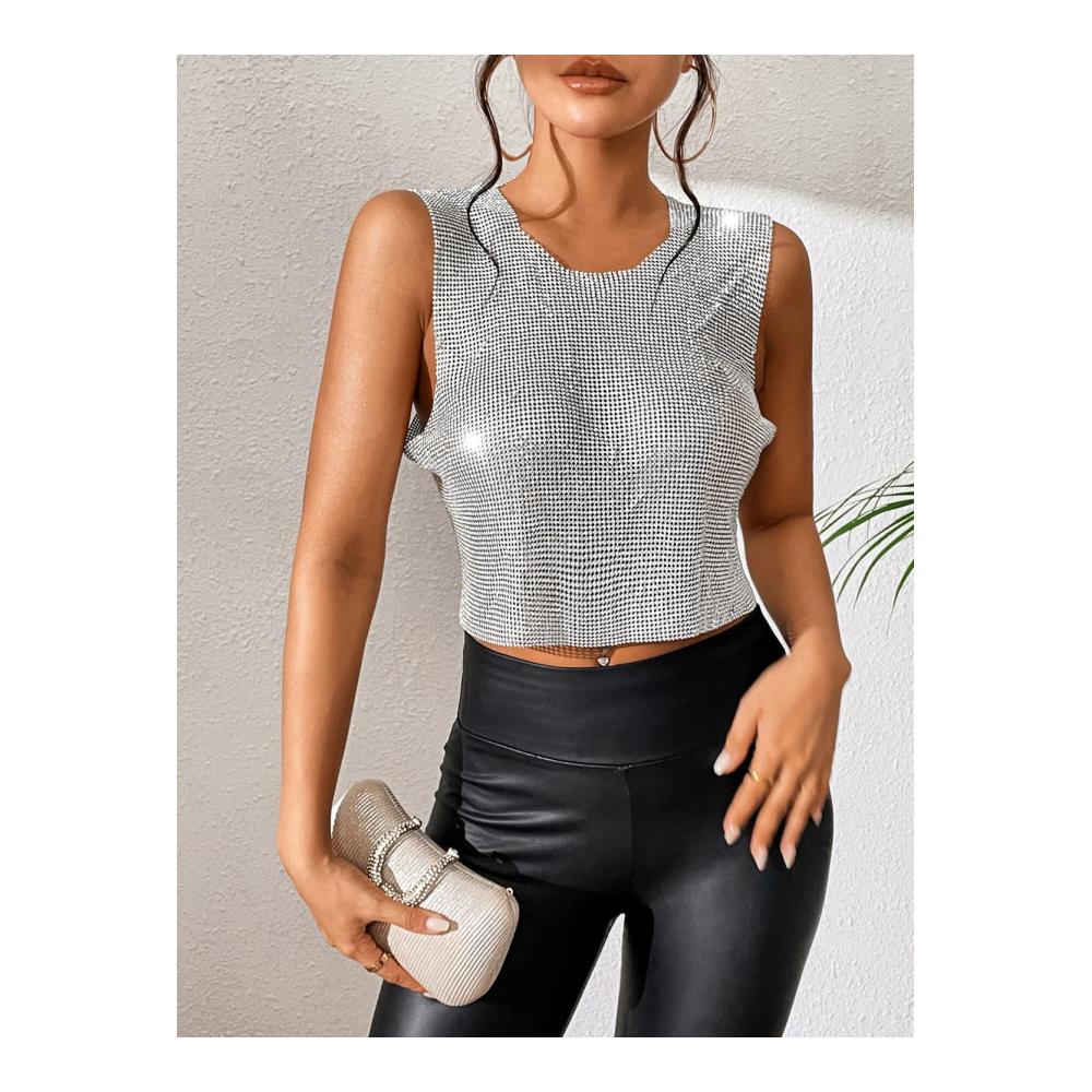 Sexy Damen Tanktop mit Glitzer-Details | Ärmelloses Neckholder Crop Top für Rave Festival & Clubwear | Strassbesetztes Partyoberteil von GGZONE