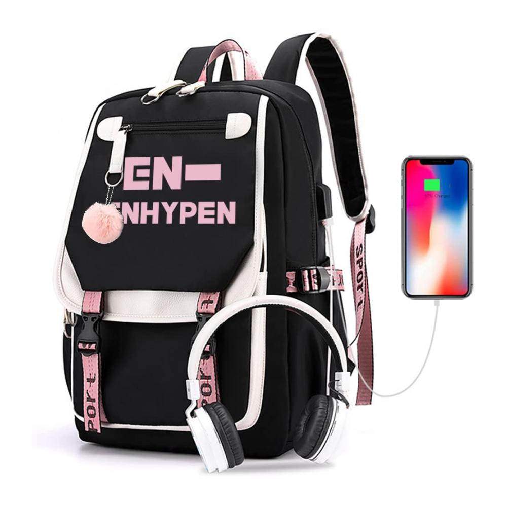 ENHYPEN Schulranzen Rucksack Merchandise mit USB und Audio-Kabel-Schnittstelle für Studenten. Ideal für K-Pop Fans mit ENHYPEN Laptop und Casual Backpacks