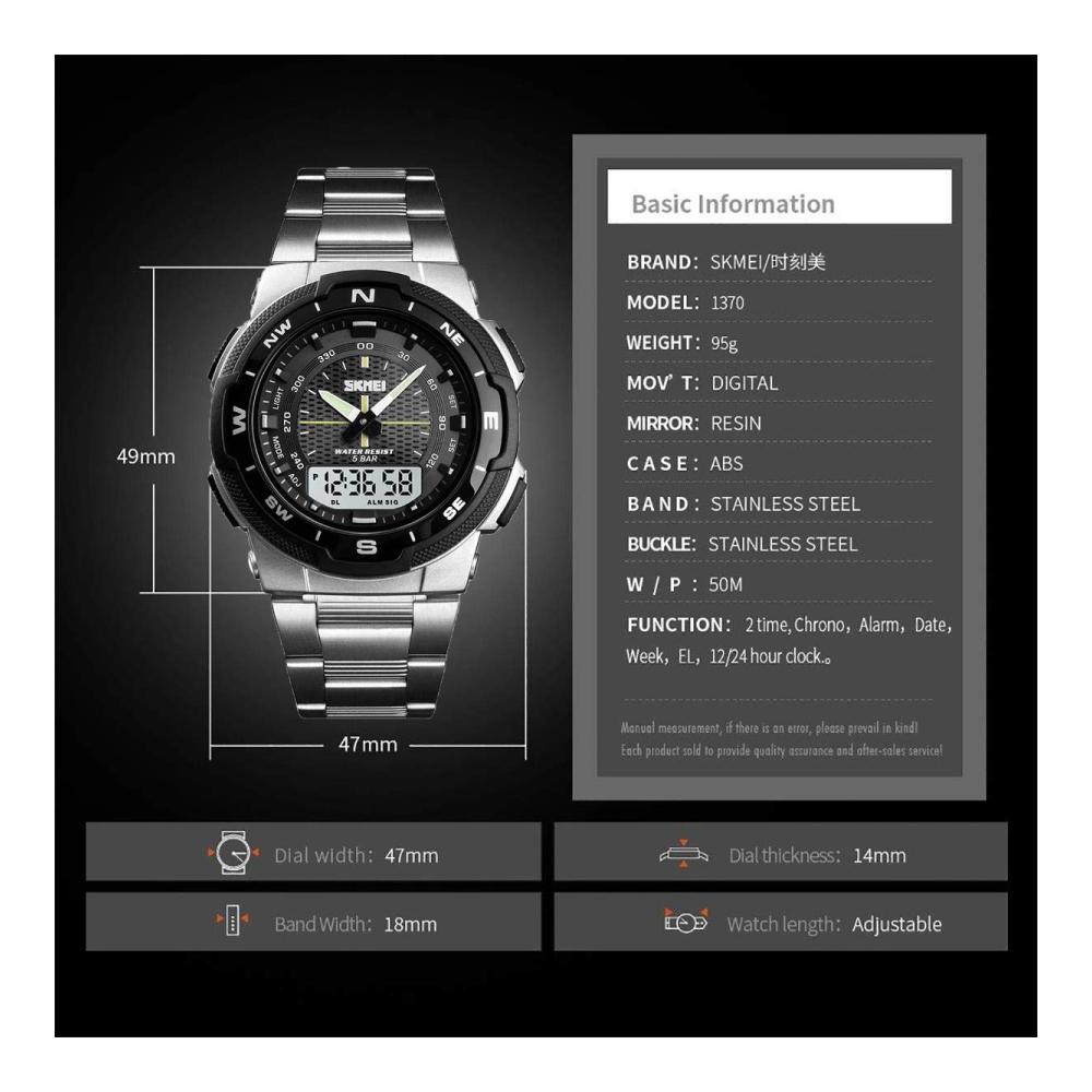 Entdecken Sie Stil und Funktionalität Skmei DG1370 Herren-Armbanduhr - Großes Display Digital & Analog Stoppuhr Alarm Metallband - Silber & Schwarz
