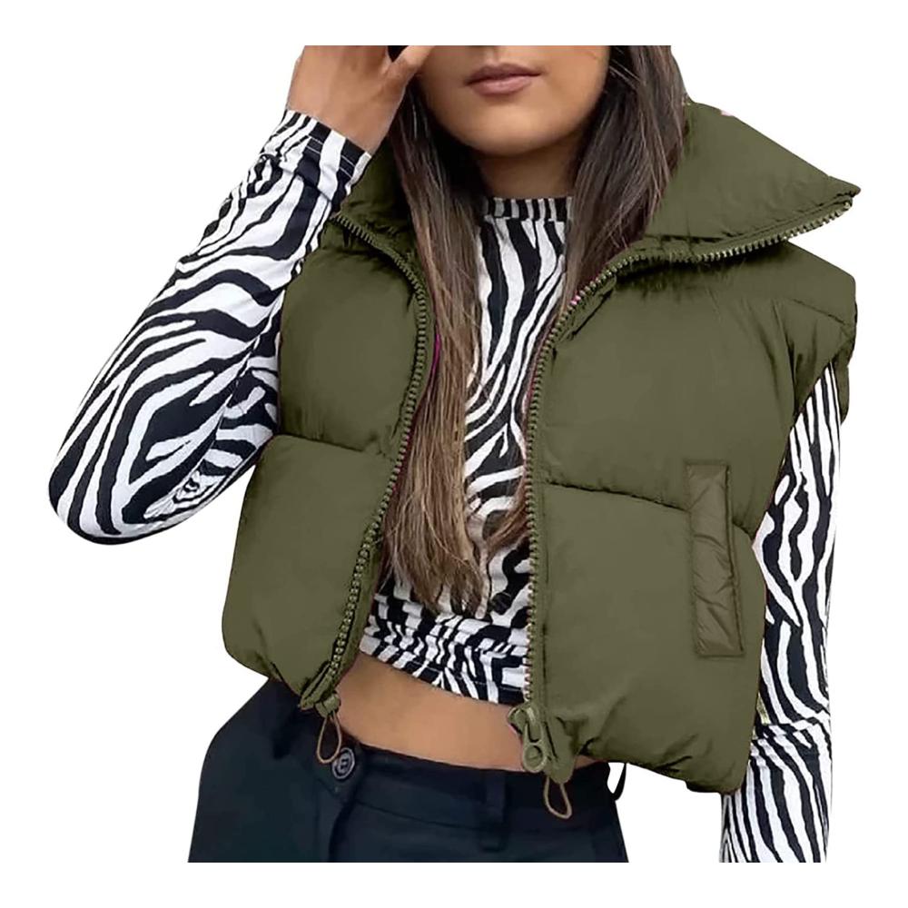 Erhalten Sie stilvoll warm Damen Winter Weste - Leichte ärmellose Crop-Weste mit Stehkragen doppelseitiger Jacke und Puffer-Design. Perfekt für kalte Tage