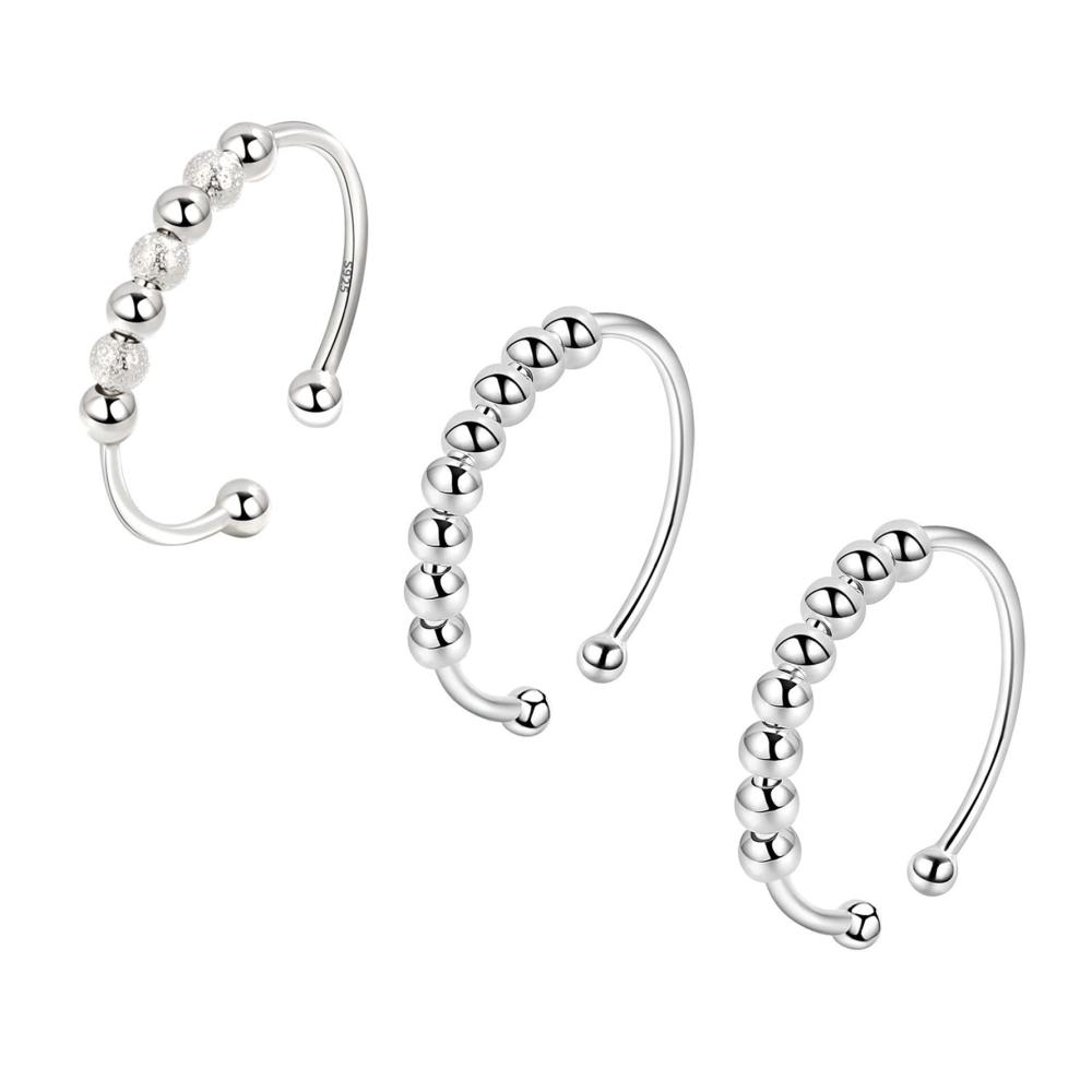 3er Set 925 Sterling Silber Spinner Ringe mit Perlenband | Verstellbare Stapelringe für Damen | Angstabbau und Stil in einem Ring | Beruhigende Fidget Ringe | Elegantes Rotieren und Stapeln