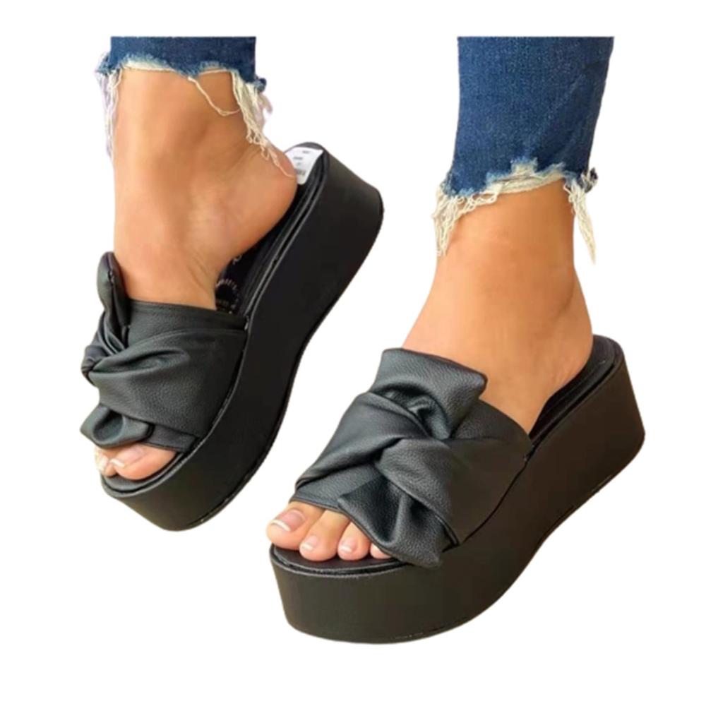 Damen Plateau Sandalen Bequeme Flats mit Schleifen-Design Trendige PU Sommerschuhe mit Flachabsatz Ideal für den Sommer und den Alltag