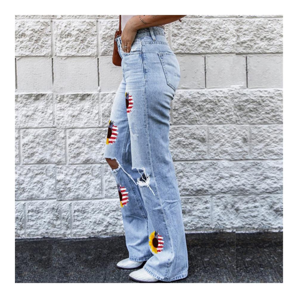 Einzigartige Sonnenblumen-Patchwork Jeanshosen Damen Denim-Schlaghose hohe Taille modisch und lässig. Perfekt für stilvolle Outfits