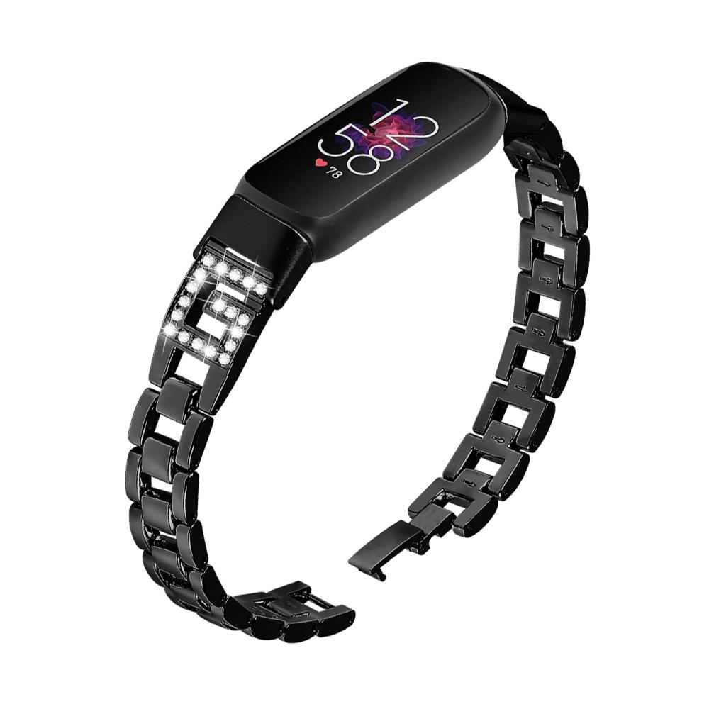 Verleihen Sie Ihrem Fitbit Luxe Glanz mit hochwertigem Damen Uhrenarmband aus Edelstahl - Elegantes Ersatzarmband mit Strassbesatz und Faltschließe in Schwarz