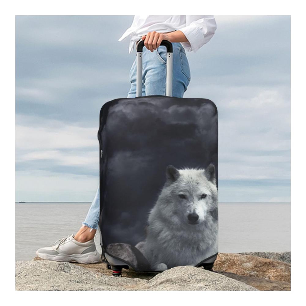 Erleben Sie ultimativen Schutz und Stil mit unserem waschbaren Trolley-Koffer-Cover! Passend für 457-813 cm große Gepäckstücke zeigt es einen weißen Wolf der auf Stein ruht