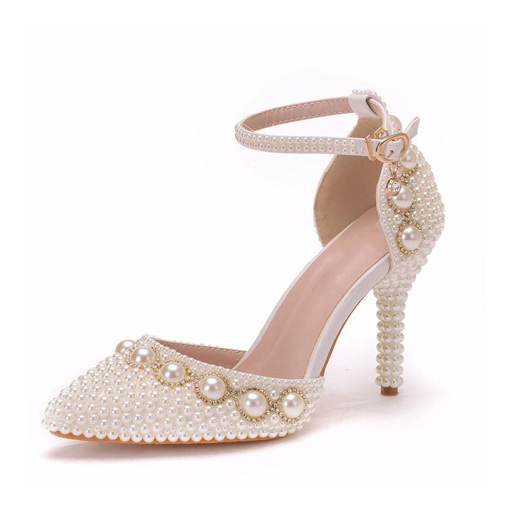 Elegante Damen Brautschuhe Strass-Perlen Stiletto Sandalen für Hochzeit & Partys – 95 cm Absatz Spitze Zehe Knöchelriemen Perlenkette - Kaufe jetzt
