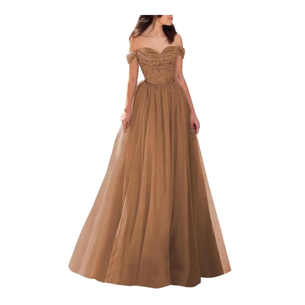 Entdecke den Glanz der Nacht Schulterfreies Pailletten-Ballkleid aus glitzerndem Tüll - Formelles Abendkleid für Damen (WYX485) in Dusty Rose Größe 36