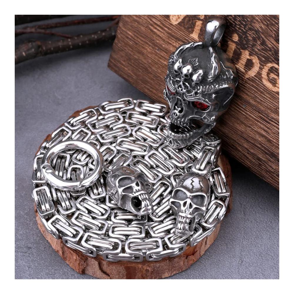 Einzigartige Totenkopf-Halskette für Männer Hochwertiger Skelettkopf-Anhänger in edler Holzbox. Gotischer Punk-Schmuck für den königlichen Mann. Jetzt mit 60CM Kette