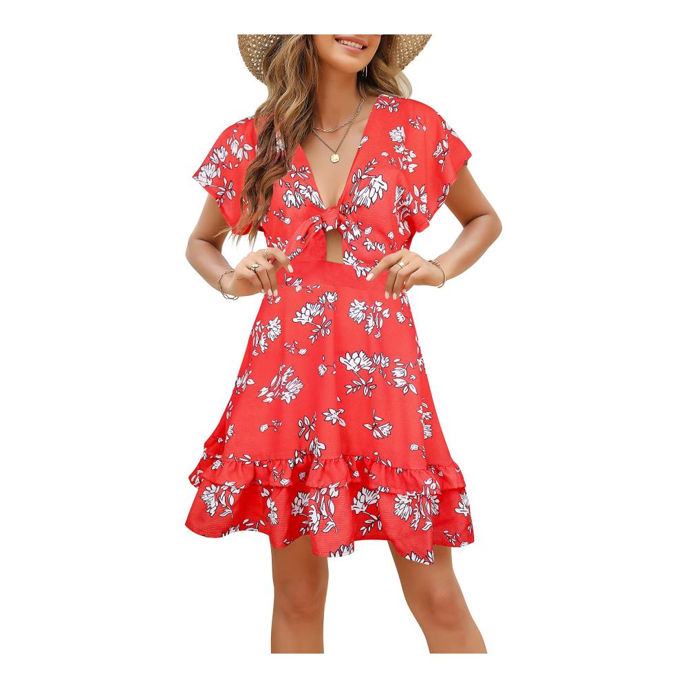 Sommerlicher Cocktail Damen V-Ausschnitt A-Linien Kleid mit Blumenmuster. Perfekt für Strandpartys! Rückenfrei und luftig in XL-Größe. Holen Sie sich jetzt Ihren stilvollen Look