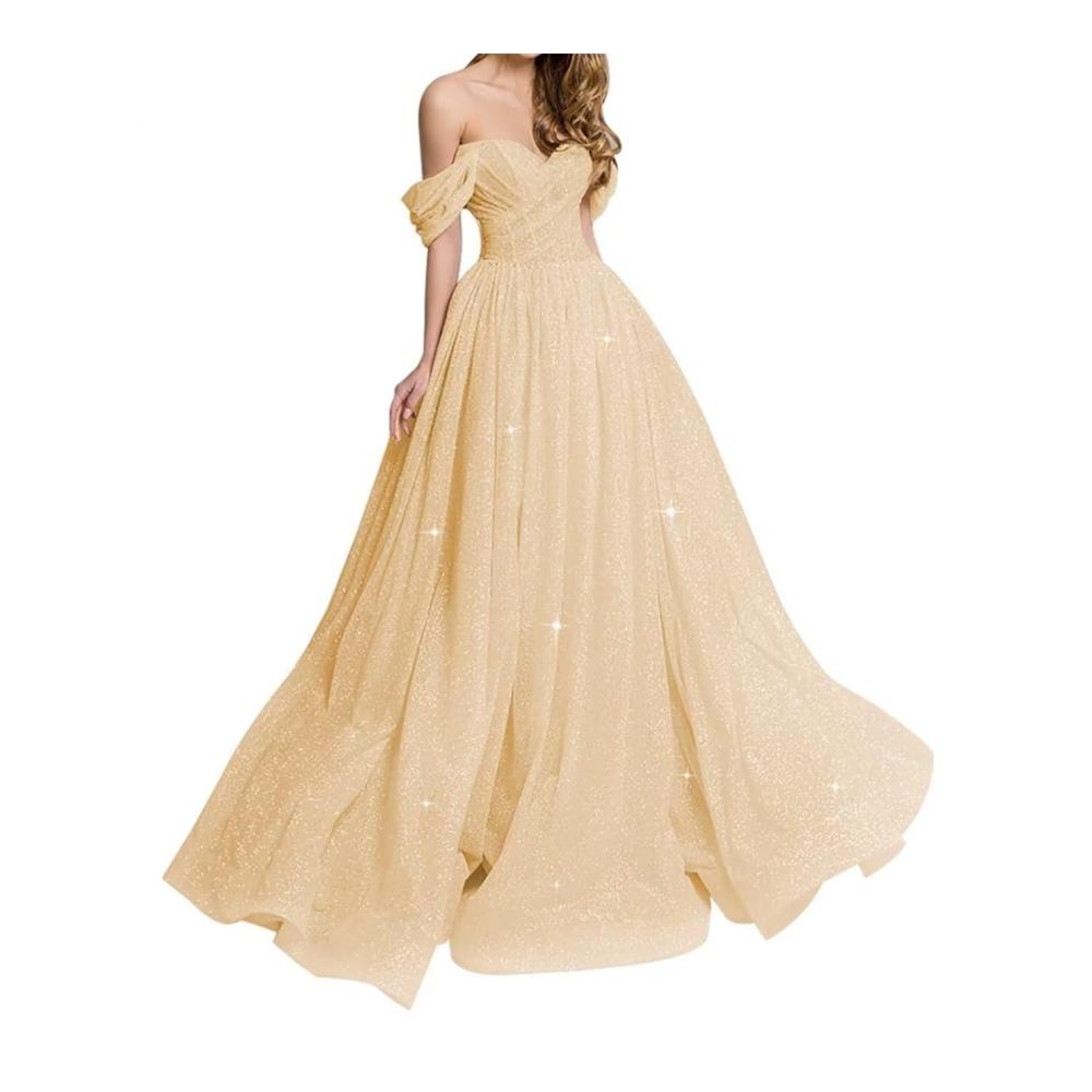 Entzückendes champagnerfarbenes Abendkleid Schulterfrei langes Ballkleid mit Glitzertüll. A-Linie perfektes formelles Partykleid. Stil WYX486 Größe 48. Erstklassige Eleganz