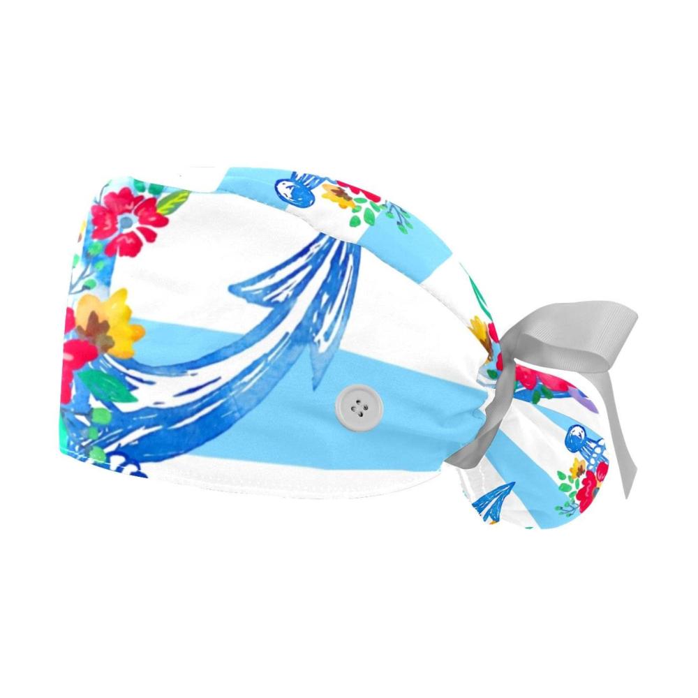 Stylische Schirmmützen 2er-Packung mit Knöpfen & Band für lange Haare verstellbares Baumwollschweißband handgezeichneter Anker & Blumenmuster in Blau Streifen - Perfekt für Frauen