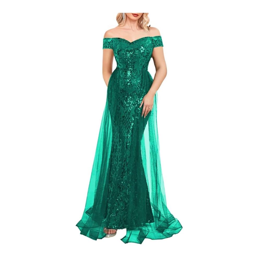 Einzigartiges grünes Abendkleid Schulterfreies Pailletten-Abschlussballkleid mit Umhang und Tüll Meerjungfrau-Stil für formelle Eleganz. Bestellen Sie jetzt in Größe 38