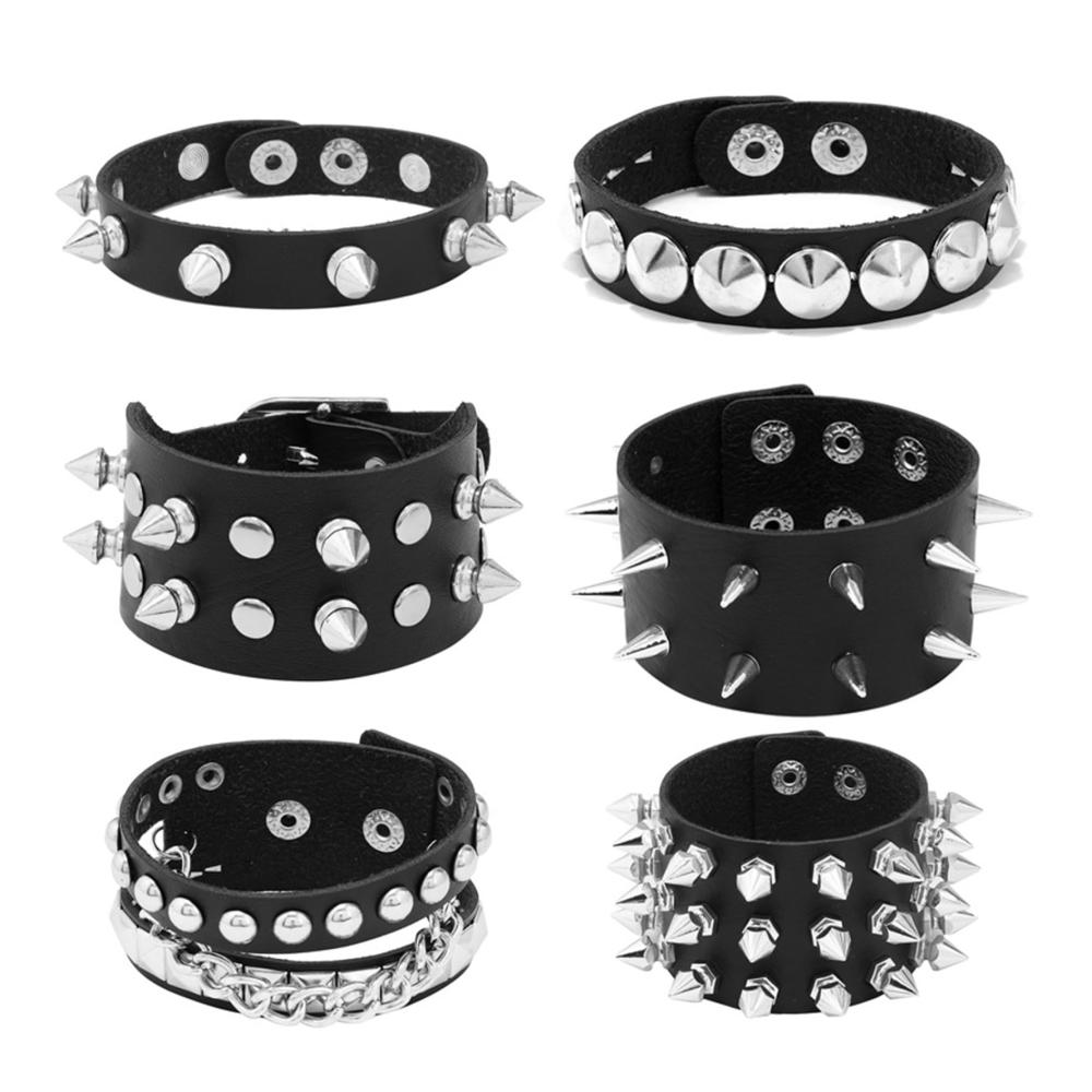 Stilvoll rebellische Armbandkollektion Vasemystic Punk-Armbänder für Herren und Damen - Nieten Leder Gothic-Design - Emo Rocker-Armreifset - 6 Stück - M/L - 80er-Jahre Vibes