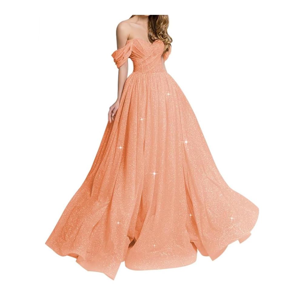 Elegantes Abendkleid Schulterfrei lang A-Linie Glitzertüll formell Partykleid WYX486 hellorange Größe 40. Ein zeitloser Look für besondere Anlässe