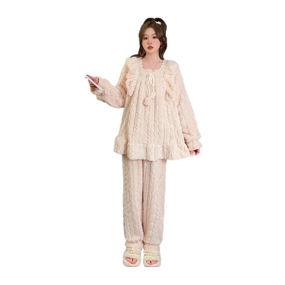 Entdecken Sie den ultimativen Komfort Damen Pyjama Set aus kuscheligem Winter Fleece elegantem Design und süßem Plüsch. Perfekt für gemütliche Nächte! (Farbe Beige