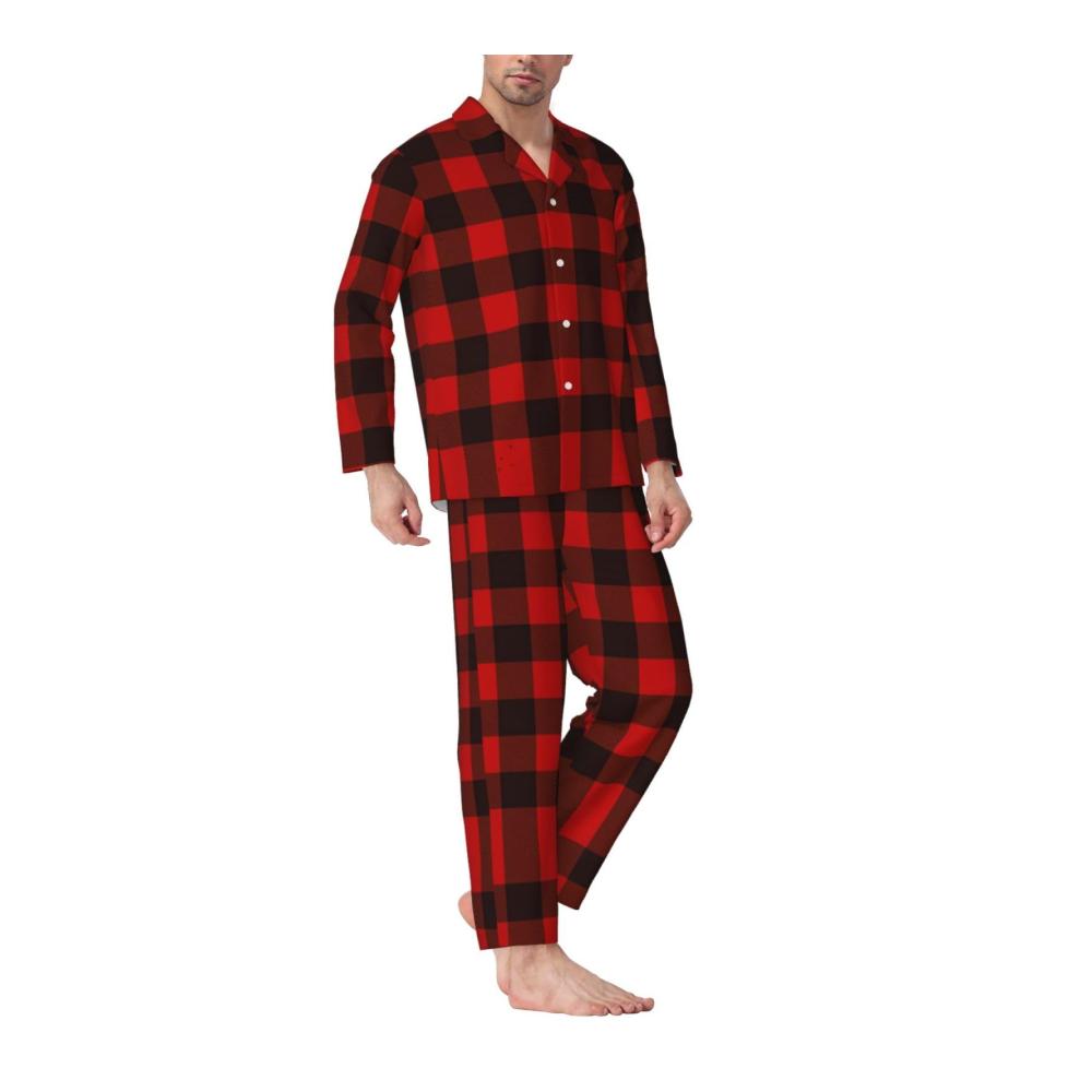 Entspannen Sie stilvoll Herren-Pyjama-Set in kariertem Rot und Schwarz für maximalen Komfort und modischen Schlafgenuss. Perfekte Nächte beginnen hier