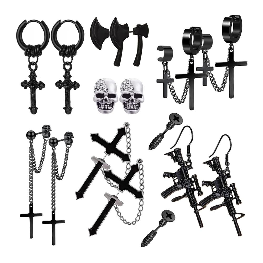 8 Paare Schwarz Ohrringe für Männer und Frauen - Gothic Punk Y2K Hippie - Axt Schädel Kreuz - Ohrstecker & Hänge - Set mit Modeschmuck für Halloween