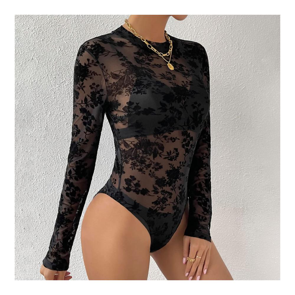 Eleganter Langarm Netz-Bodysuit für Damen Attraktives schlank geschnittenes Trikot mit Spitzenmuster – Perfekt für Urlaub und Cocktails. Durchsichtig und stilvoll