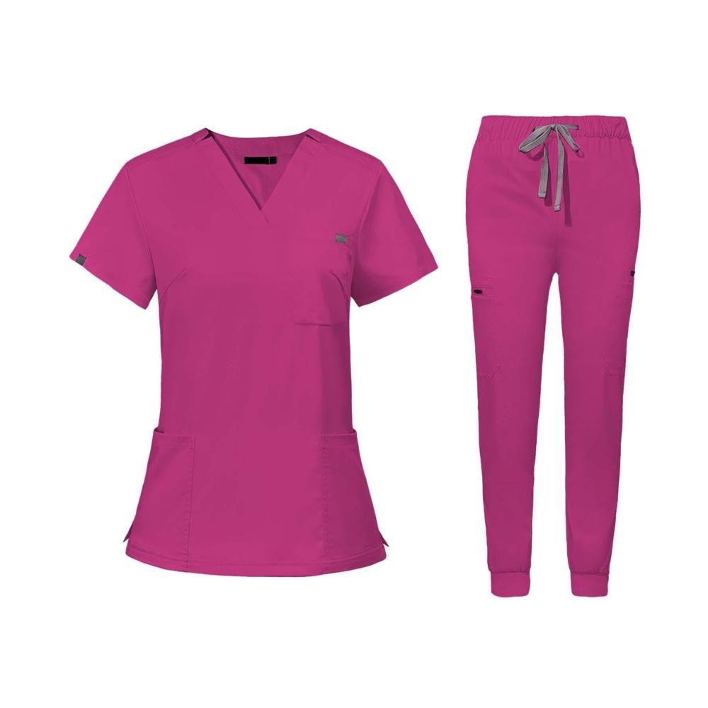 Handwerk & Industrie Moderne Damen Scrub Sets für Gesundheitswesen Kosmetik Pet Shop & SPA - V-Ausschnitt Tops und Jogger Hosen - L - Rose Rot