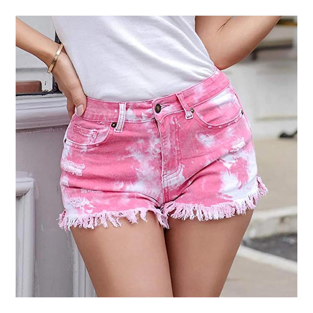 Trendige Damen Denim-Shorts Stretchy Jeans mit ausgefranstem Saum für lässigen Sommer-Chic. Mittelhohe Taille Used-Look und Batik-Muster für den perfekten Style