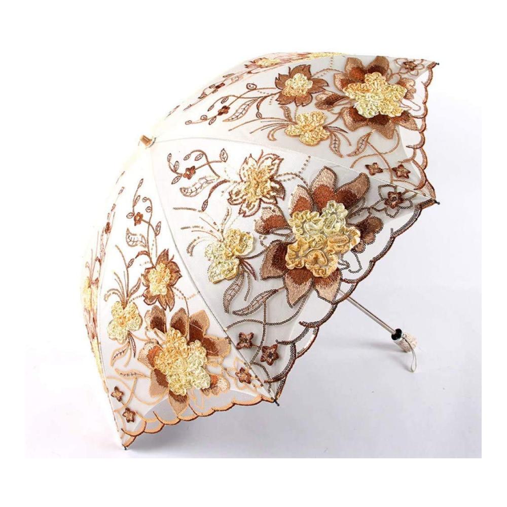 Exquisite Taschenschirme Hochzeitsspitze Regenschirm  UV Sonnenschutz 2-fach faltbar 3D-Blumenstickerei elegant für Damen Ginkgo-Gelb