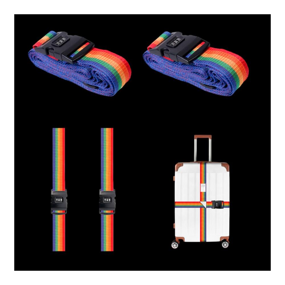 Erhalten Sie 2 verstellbare Koffergurte mit Namensschildern und Schloss. Perfekt für Koffer und Rucksäcke. Bunt und funktional