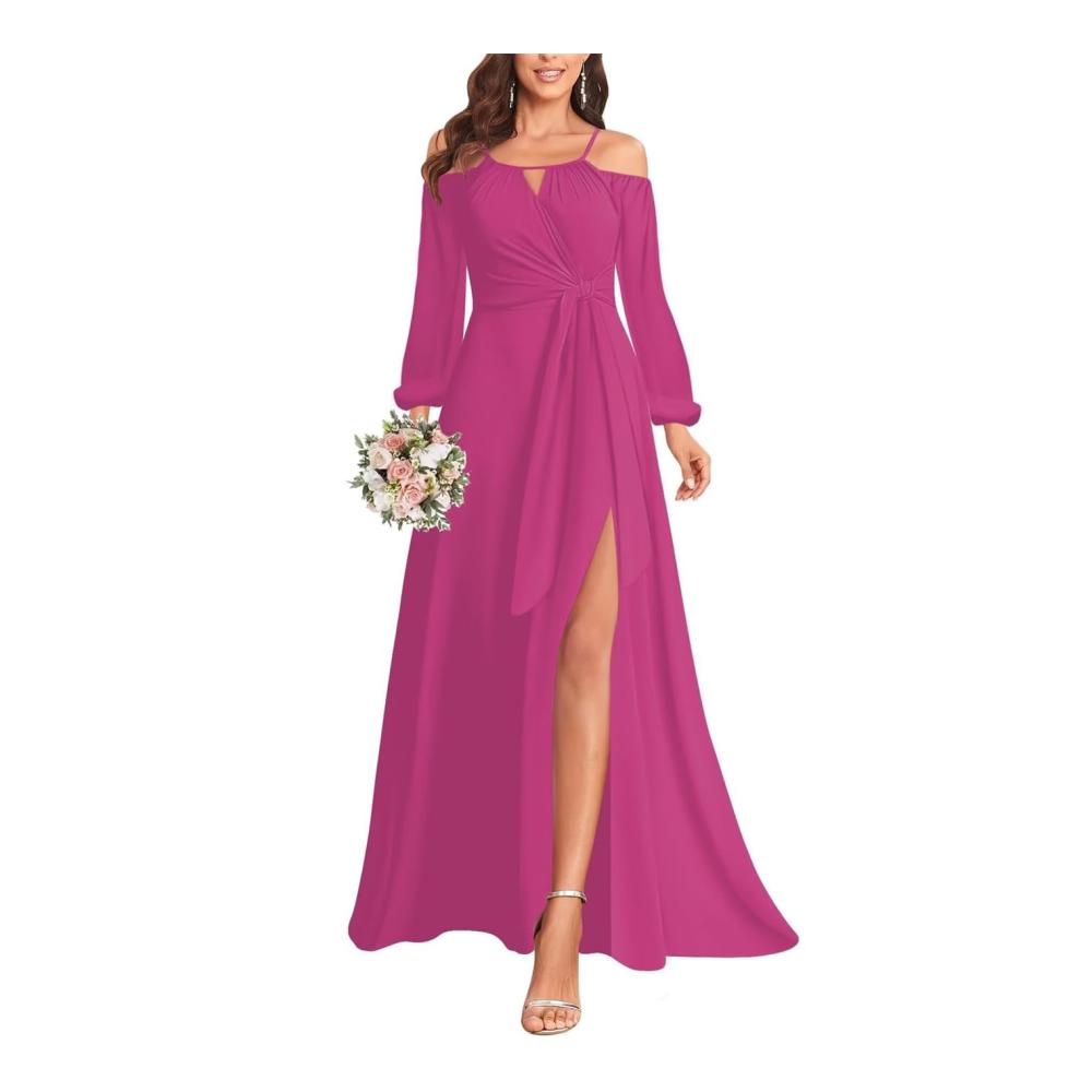 Verführerisches langärmeliges Abendkleid mit Neckholder für Damen | Formelles Schulterfrei-Brautjungfernkleid in heißem Pink WYX494 | Größe 32