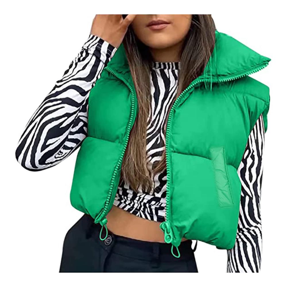 Erhalten Sie stilvoll warm Damen Winter Weste - Leichte ärmellose Crop-Weste mit Stehkragen doppelseitiger Jacke und Puffer-Design. Perfekt für kalte Tage