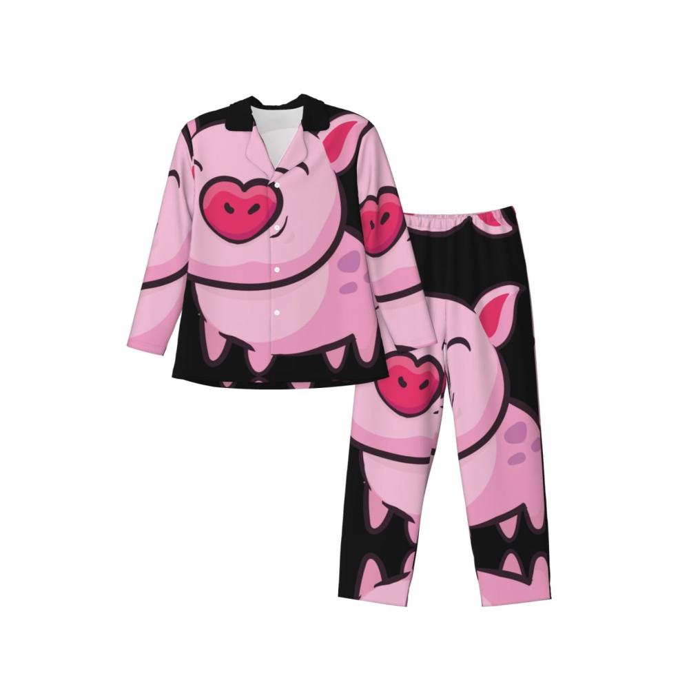 Gemütlicher Schlafanzug für Herren Modisches Langarm-Pyjama-Set mit niedlichem Pink Pig-Druck für erholsame Nächte
