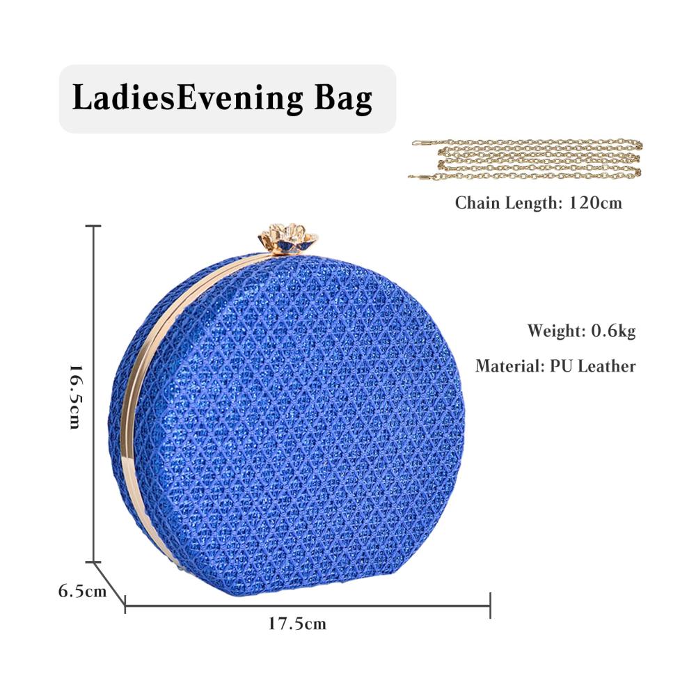 Entzückende Damen Clutch Stilvolle Rund-Abendtasche mit abnehmbarer Kette für Hochzeit Party & mehr in elegantem Blau. Luxuriöse Handtasche für jede Gelegenheit