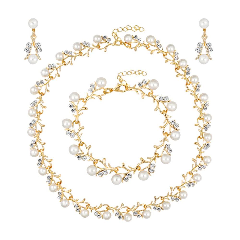 Entzückendes Schmuck-Set Perlenketten funkelnde Strass-Halskette zarte Ohrringe & Armband in Gold. Perfekt für Hochzeit Party & Geschenke. Mädchen Damen & Bräute bezaubern