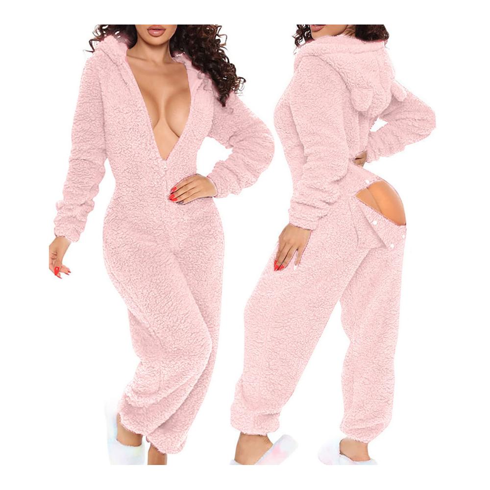 Luxuriöser Einteiler Damen Fleece Pyjama Overall | Gemütlicher Winter Overall mit Kapuze und Po-Klappe | Perfekte Nachtwäsche für Herbst und Winter | Stilvoll und Komfortabel