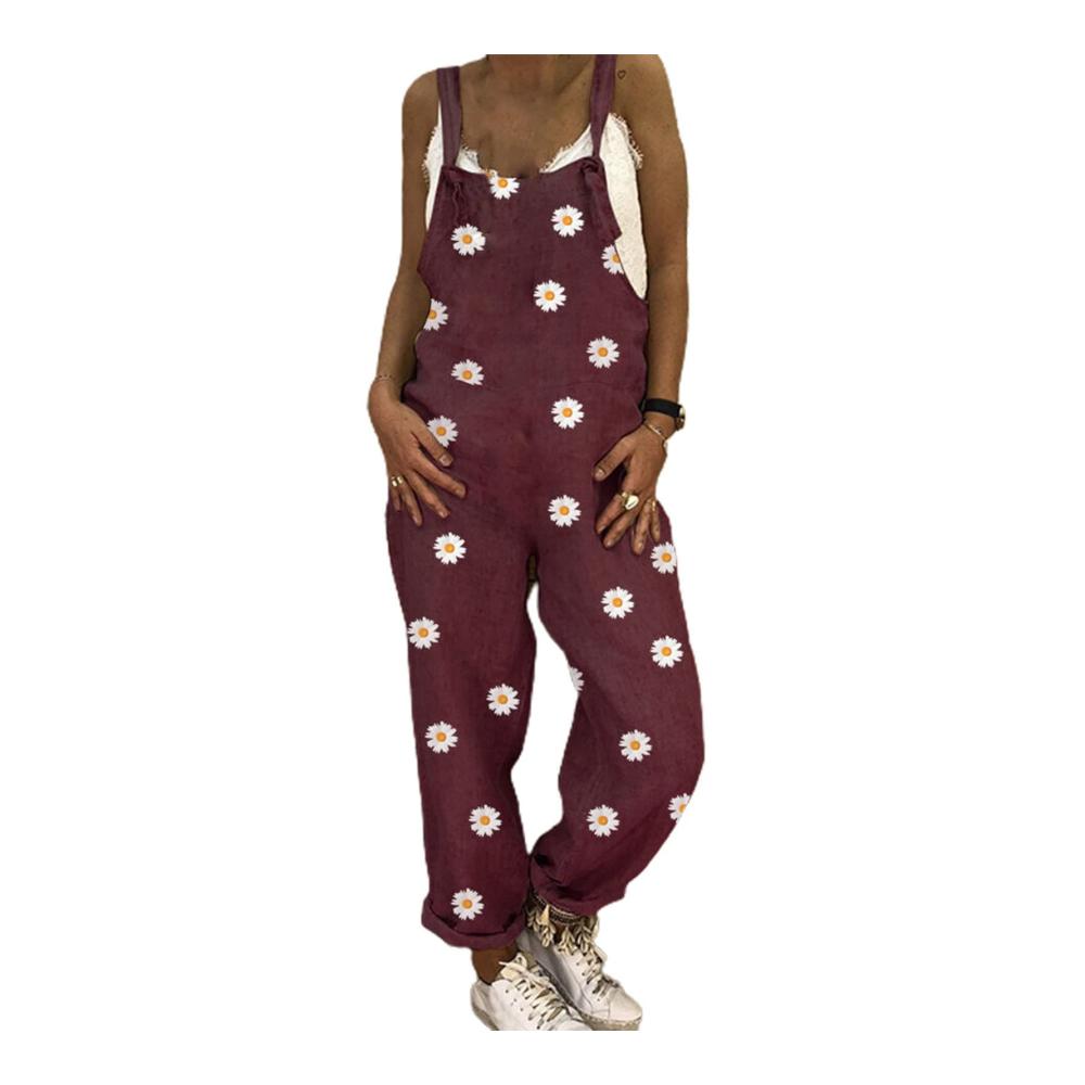 Entdecken Sie den modischen Ärmellosen Damen-Jumpsuit mit Chrysanthemen-Druck. Perfekt für tägliche Outfits! Rückenfrei locker geschnitten weinrot in 3XL erhältlich