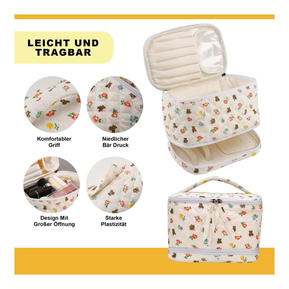 Entdecken Sie den Luxus 2-in-1 Kosmetikkoffer & Schmucktasche aus gesteppter Baumwolle für stilvolles Reisen! Organisieren Sie Makeup Schmuck und mehr mühelos unterwegs