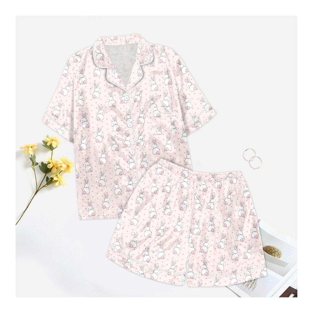 Erfrischender Komfort Y2k 2-teiliges Pyjama-Set für Damen mit süßem Kaninchen- und floralem Print. Ultimativer Schlafanzug-Luxus Kurzarmshirt und Shorts für perfekte Nächte