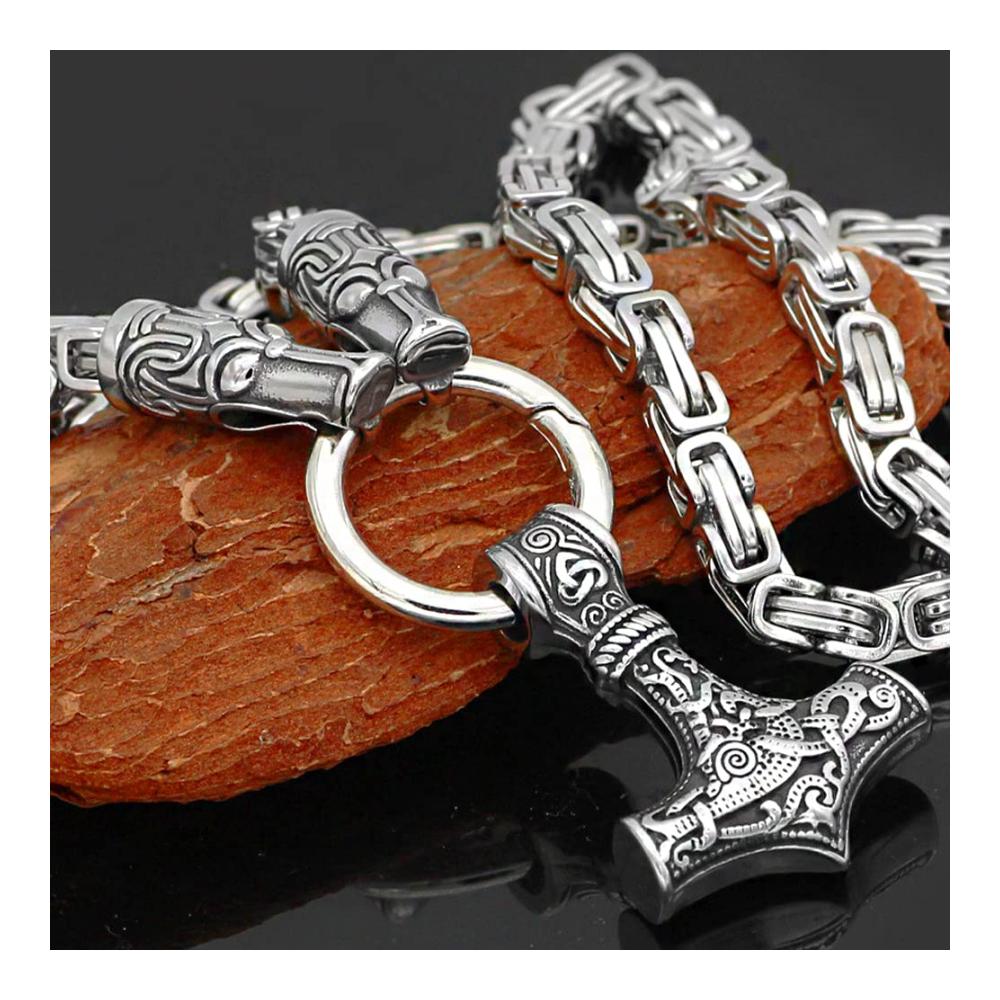 Exklusive Wikinger Ketten Thors Hammer Anhänger aus Silber - Nordische Mythologie Amulett Schmuck für Männer - Mehrere Stile inklusive Tierkopf & Celtic Dragon 70 cm Königskette