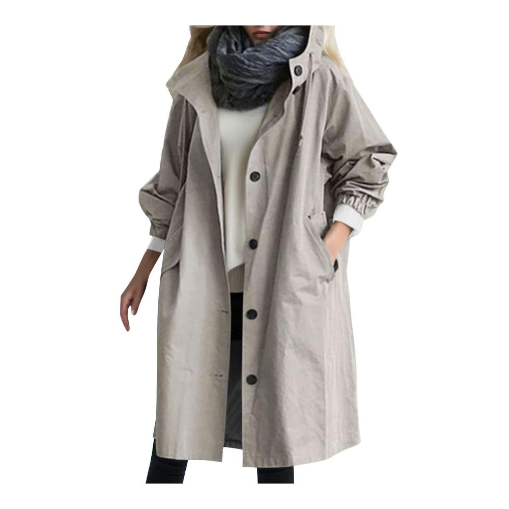 Entdecken Sie den zeitlosen Stil Damen Trenchcoat Zweireiher langer Wintermantel mit Windjacke und Taschen. Perfekte Übergangsmantel für jeden Anlass