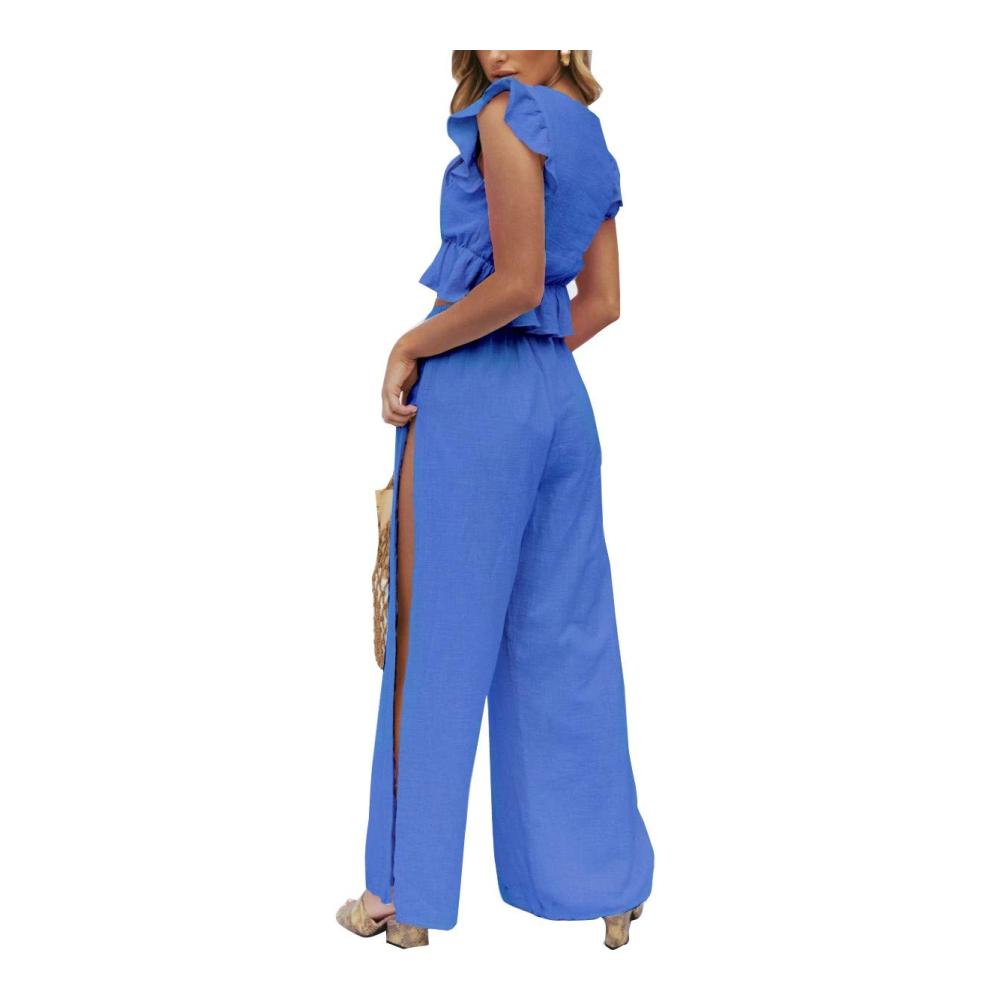 Eleganter Jumpsuit Damen Zweiteiler Crop Top sexy V-Ausschnitt Hose mit Schlitz Kordelzug. Perfekt für Sommer Strand Urlaub & lässige Outfits. Königsblau XS