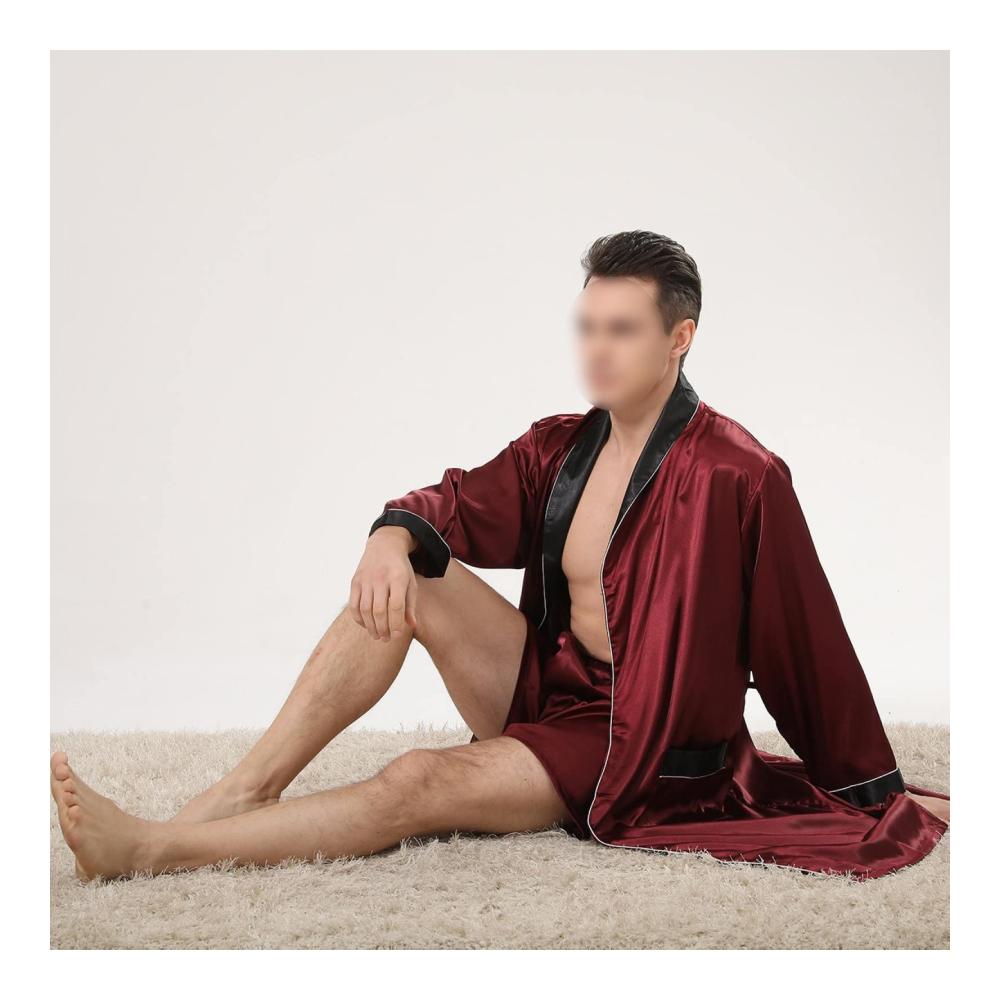 Entspannen Sie stilvoll Luxuriöser Bademantel & Nachthemd-Set für Herren. Schlüpfen Sie in Komfort mit sexy V-Ausschnitt und eleganten Details. Perfekt für Frühling und Sommer