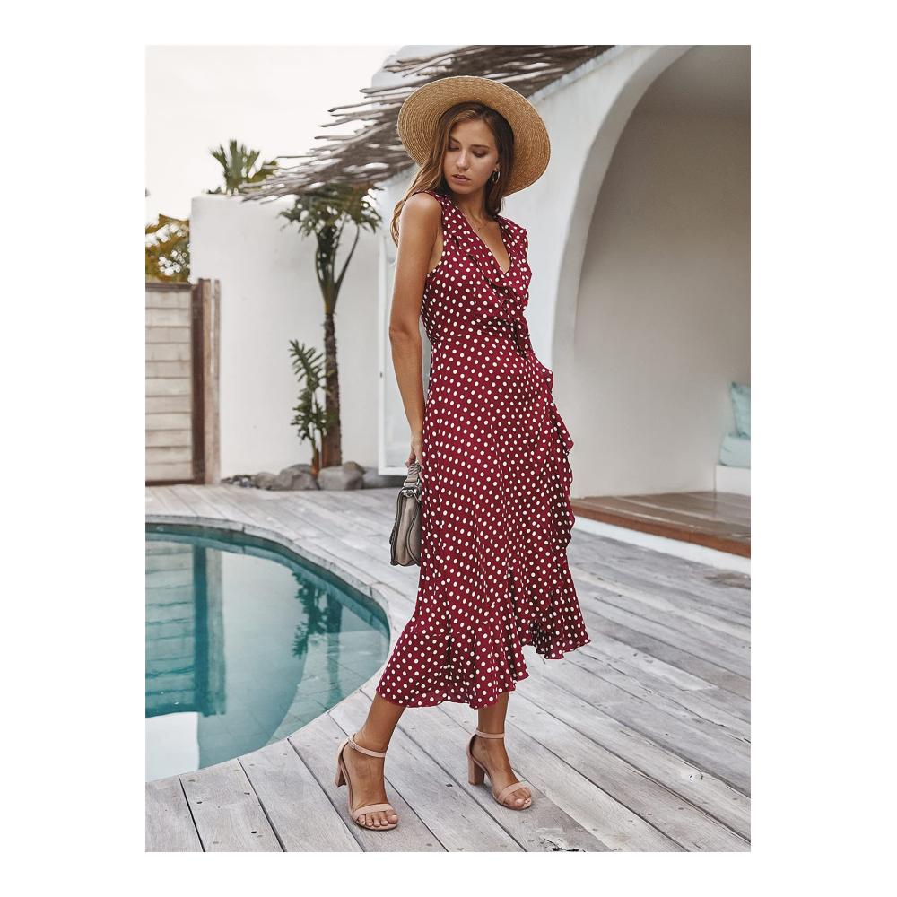 Entdecke den Sommer Damen Freizeit Maxikleid mit Polka Dots Rüschen Volants und V-Ausschnitt. Ärmellos und perfekt für den Strand! Schlitz und Gürtel inklusive. Größen S-XL