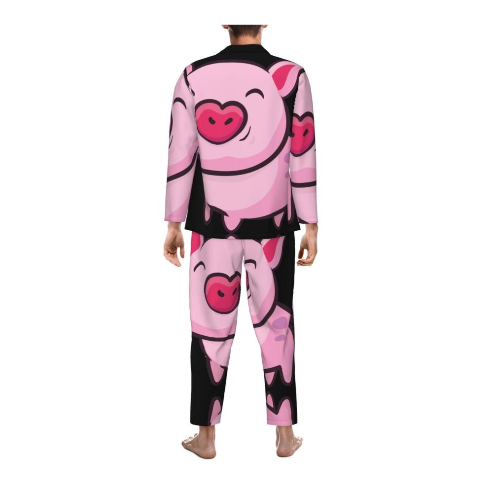 Gemütlicher Schlafanzug für Herren Modisches Langarm-Pyjama-Set mit niedlichem Pink Pig-Druck für erholsame Nächte