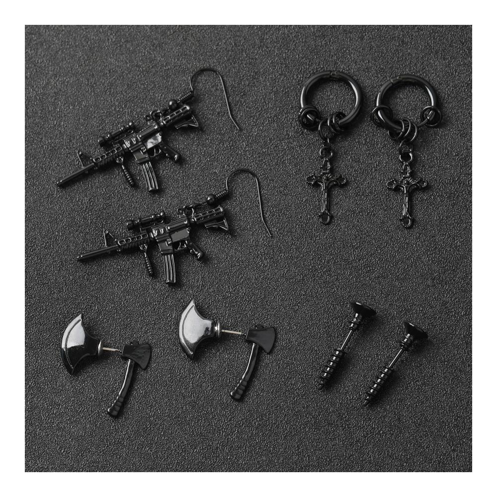 8 Paare Schwarz Ohrringe für Männer und Frauen - Gothic Punk Y2K Hippie - Axt Schädel Kreuz - Ohrstecker & Hänge - Set mit Modeschmuck für Halloween