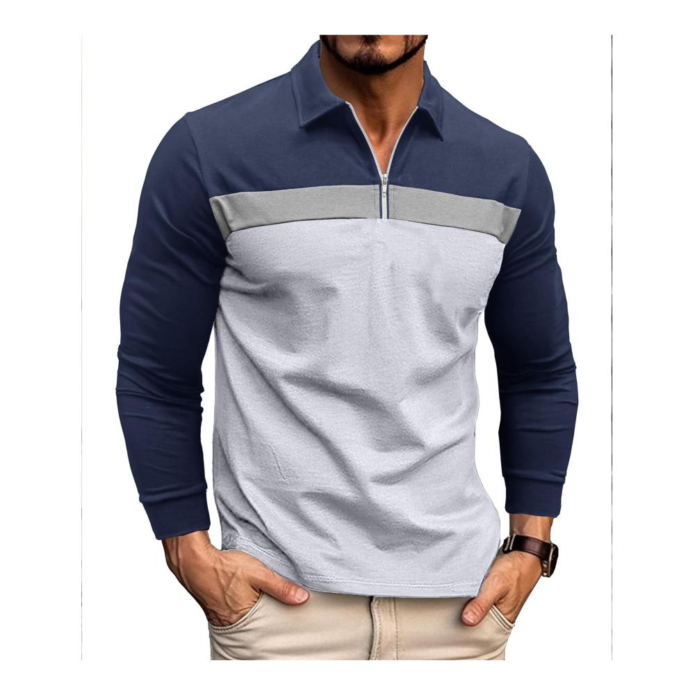 Stilvolles Herren Langarm Poloshirt für Herbst und Winter mit Reißverschluss und trendigem Colour-Blocking Design - Perfekt für Outdoor-Aktivitäten